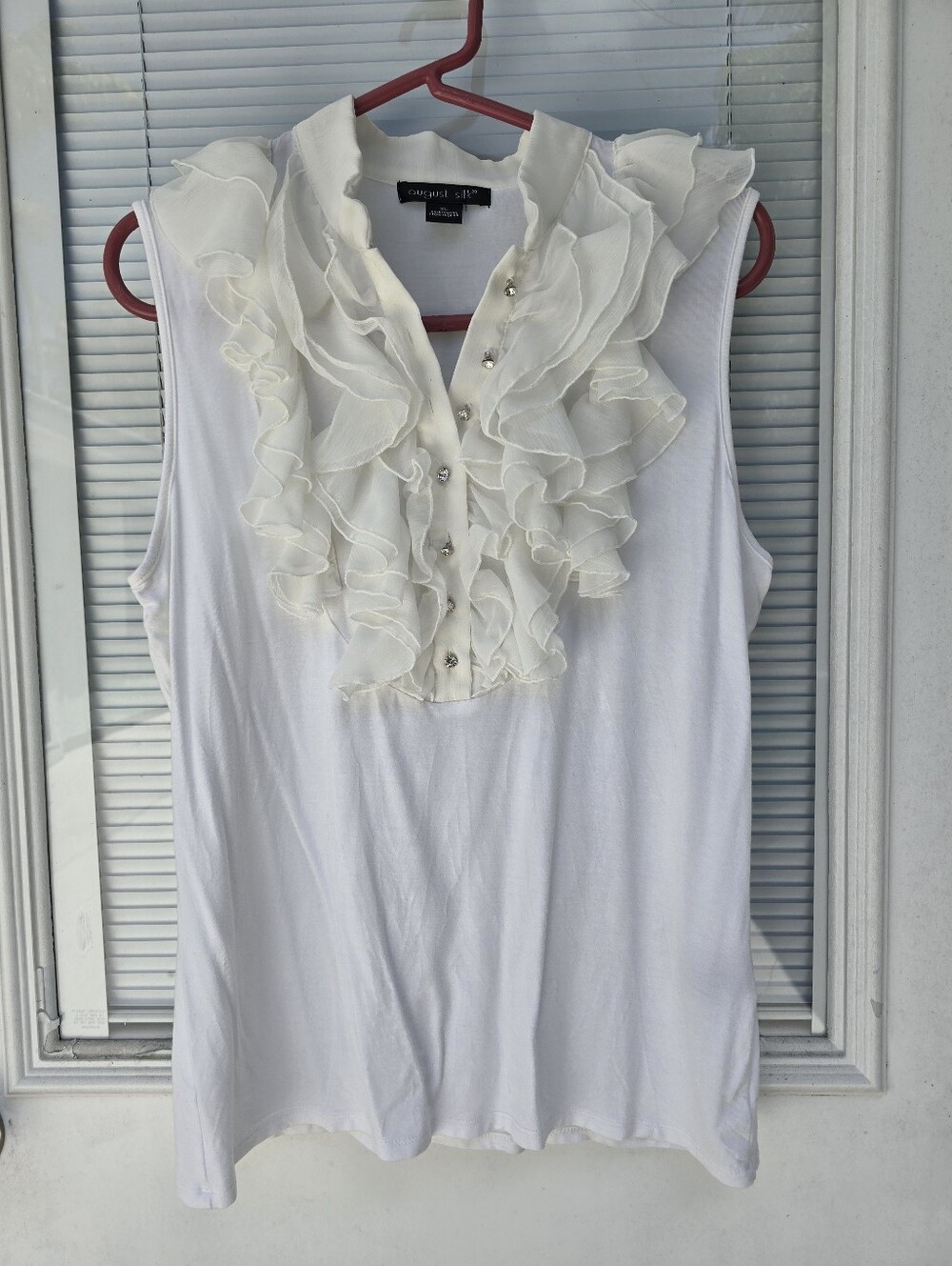August Silk Ivory Ruffle Front Sleeveless Top XL